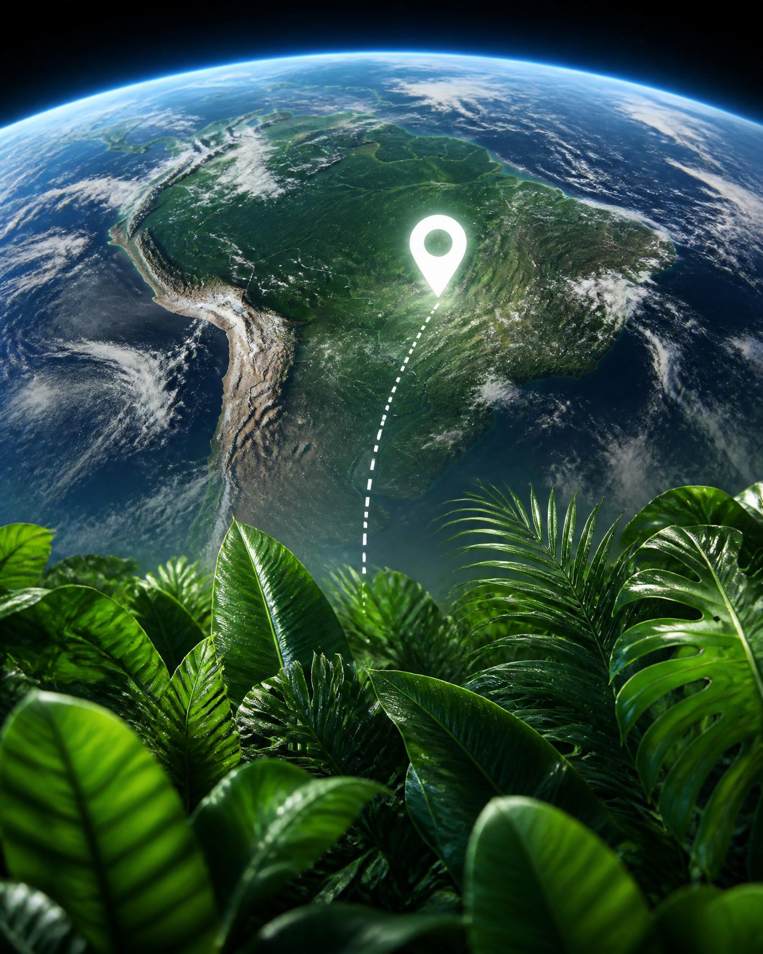 Planeta Terra visto do espaço com folhas verdes tropicais